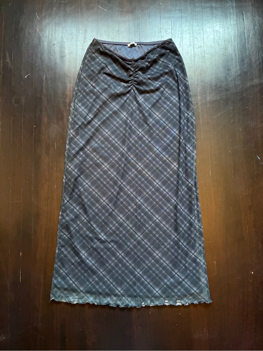 Ardene Navy Plaid Maxi Skirt with Ruched Waist, size small